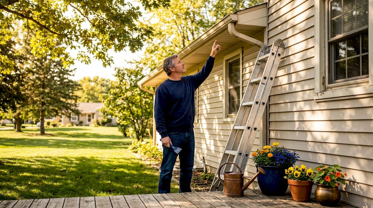 Homeowner inspecting gutter system near roof