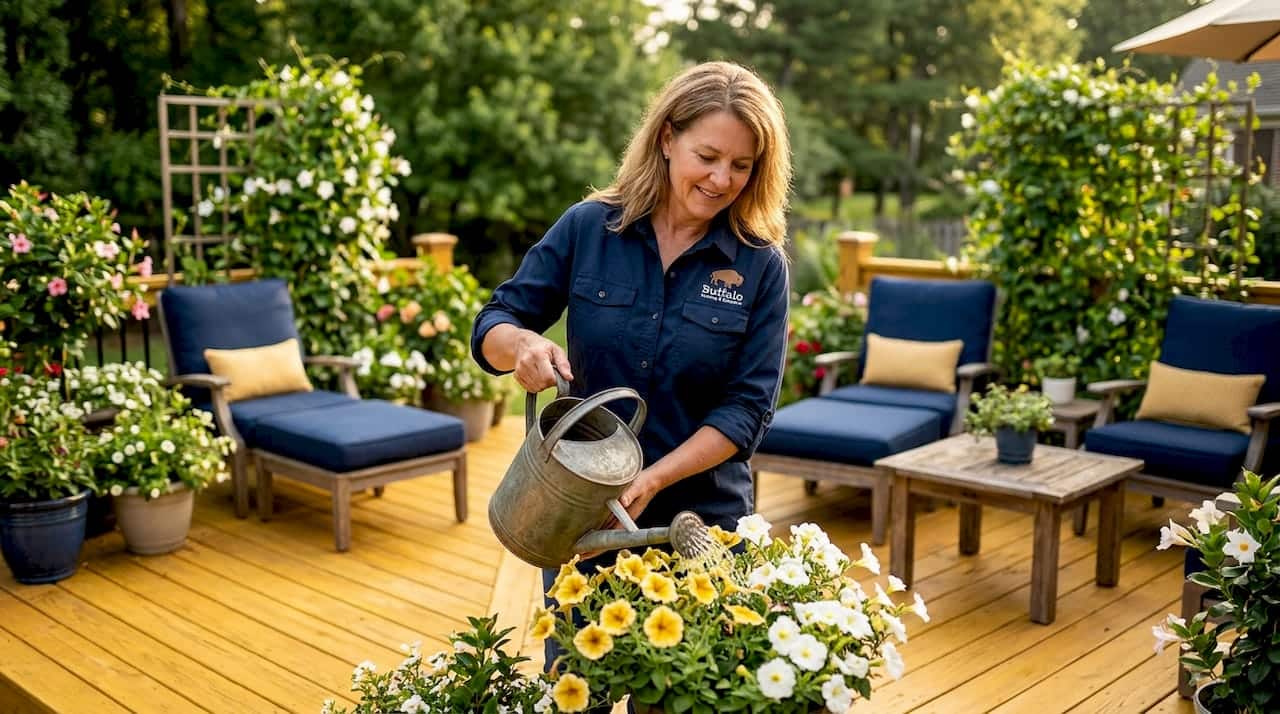 Homeowner watering plants on front deck