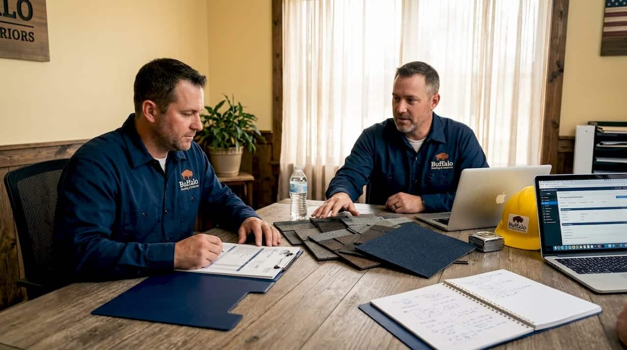 Roofing contractors reviewing plans at meeting table