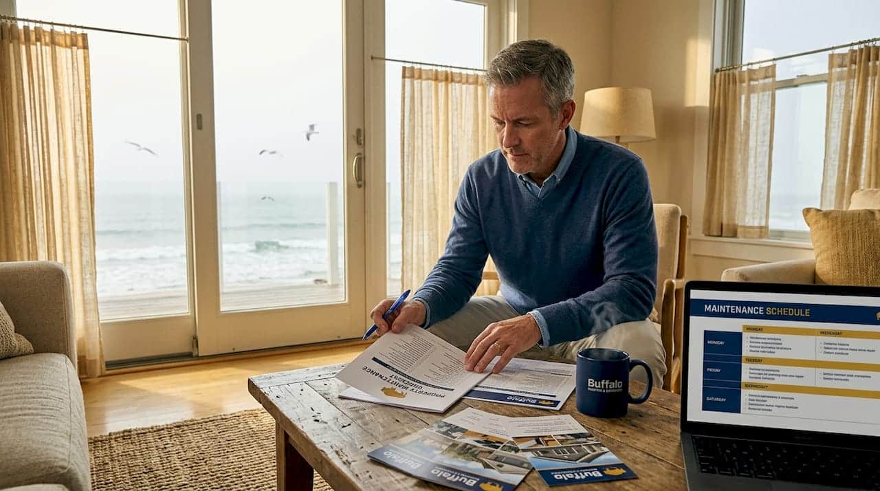 Homeowner reviewing coastal property maintenance plan