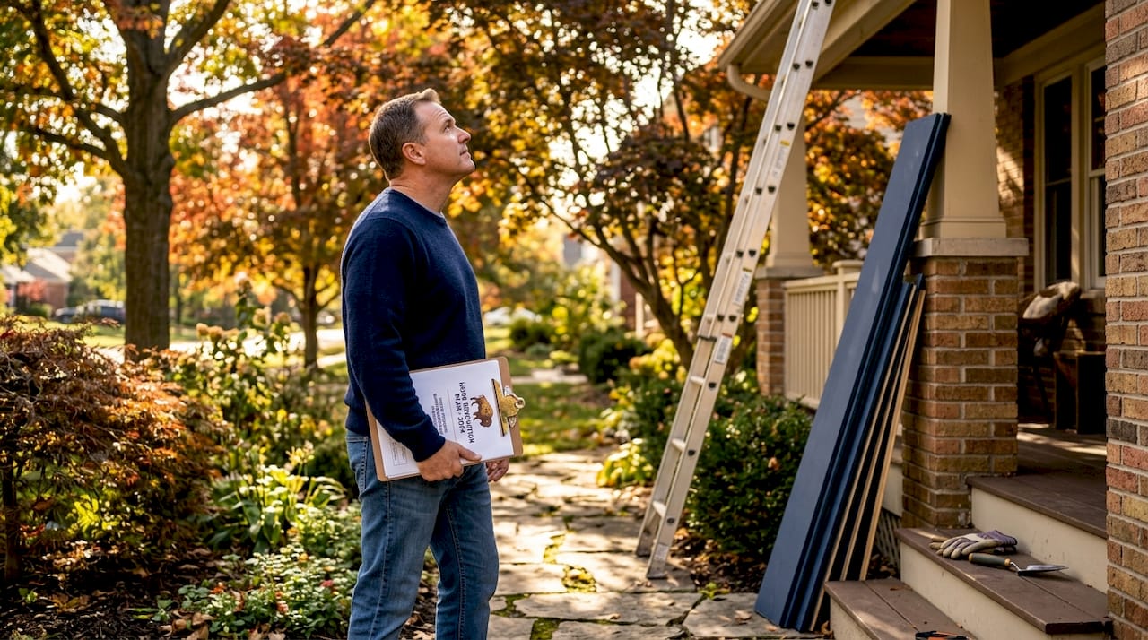 Homeowner inspecting house exterior with clipboard