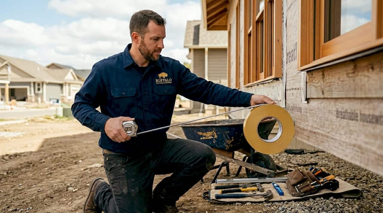 Construction foreman inspecting weatherproofing layers outdoors