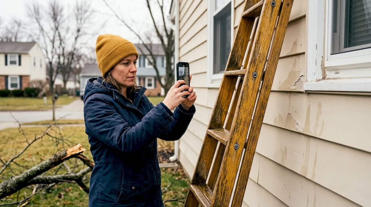 Homeowner taking photo of storm-damaged house exterior