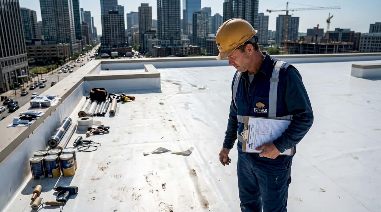 Contractor inspecting commercial flat roof upgrade
