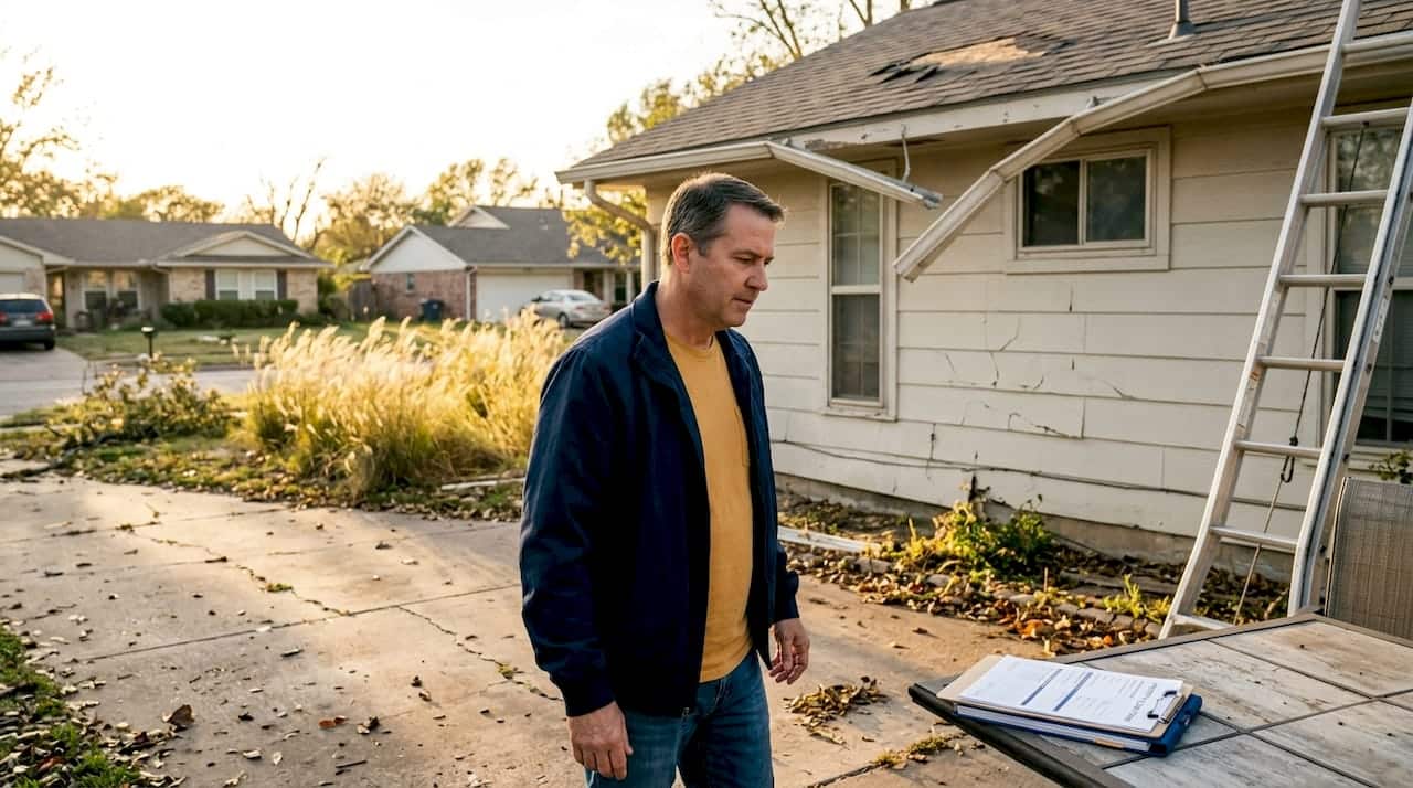 Homeowner inspecting Texas house storm damage