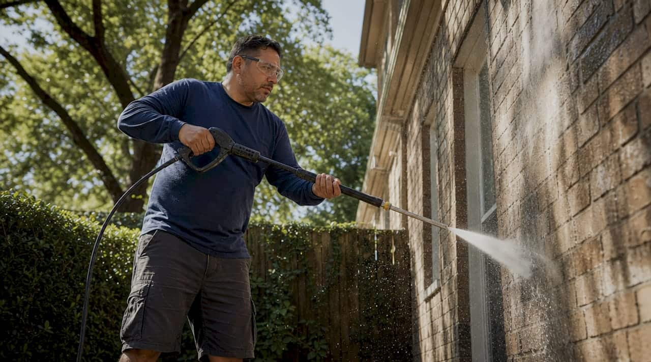 Man pressure washing home exterior