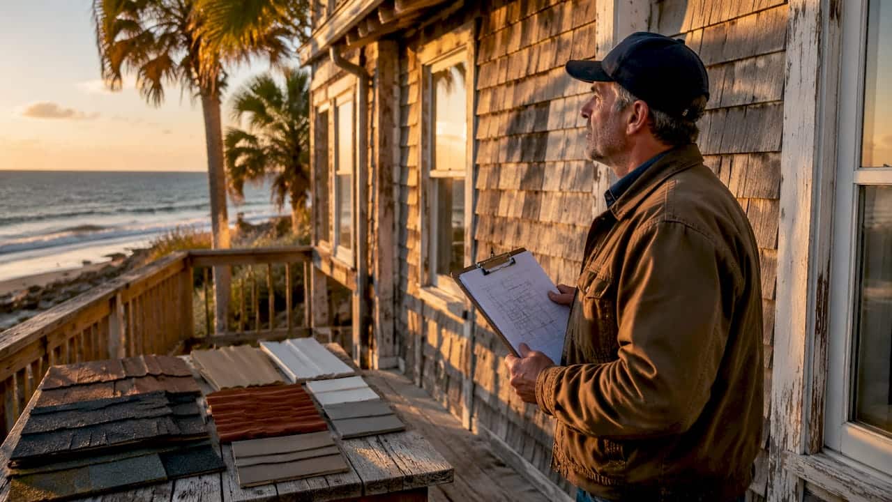 Contractor inspecting storm-prone home exterior