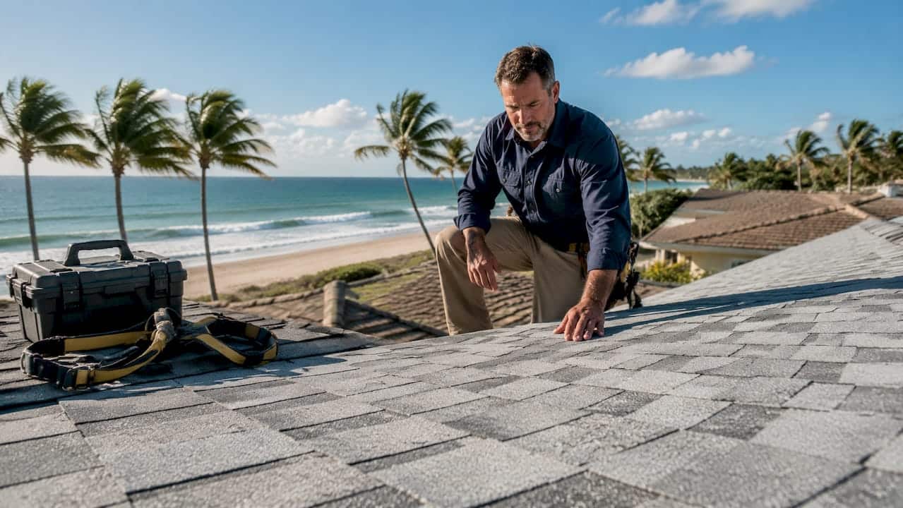 Roofer inspecting reflective metal roofing on coastal house