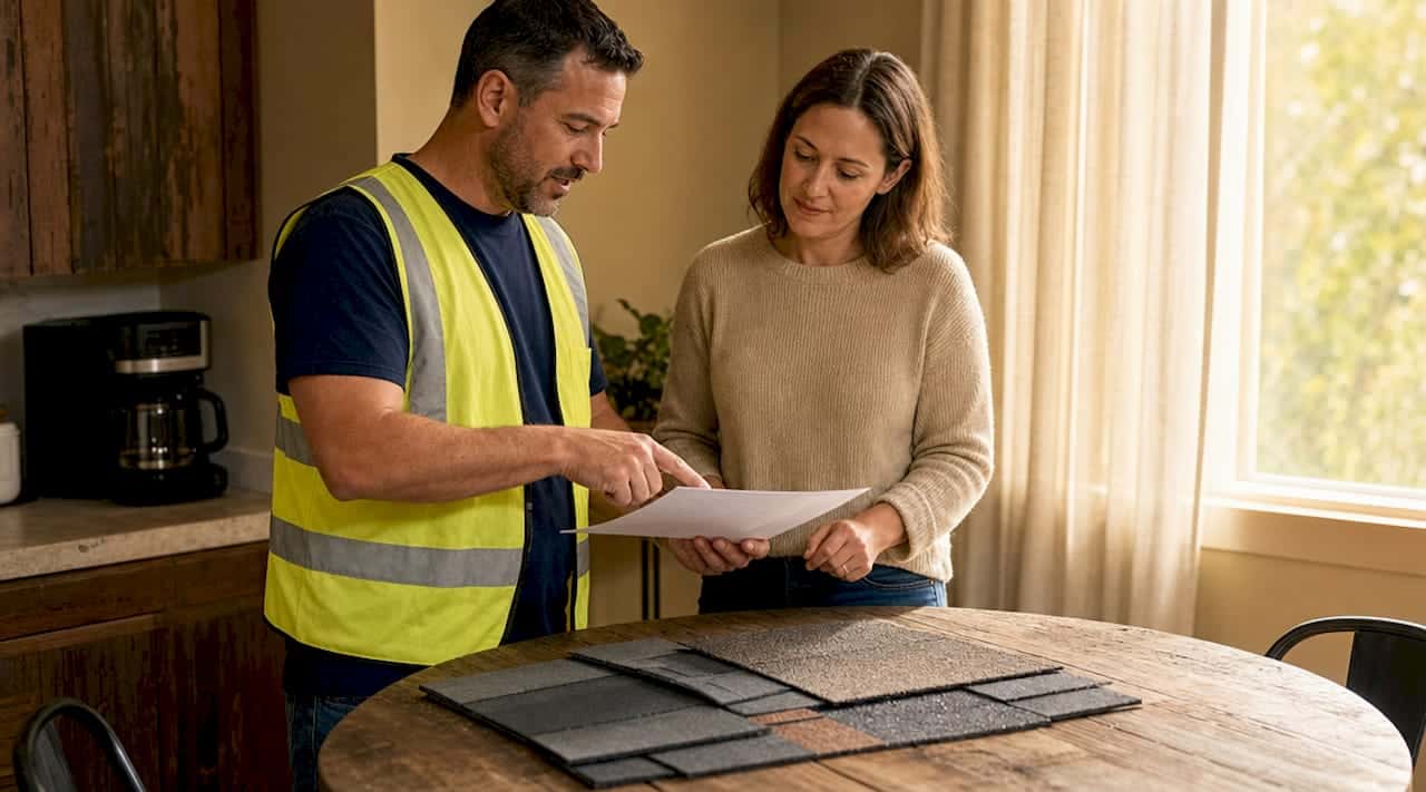 Roofing contractor and homeowner reviewing estimate