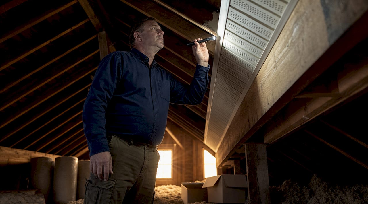 Home inspector examining attic vent system