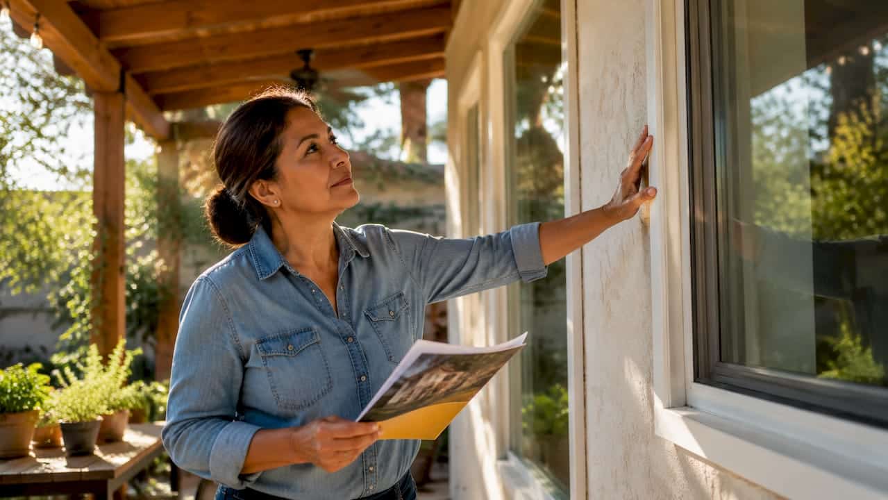 Homeowner inspecting impact windows indoors