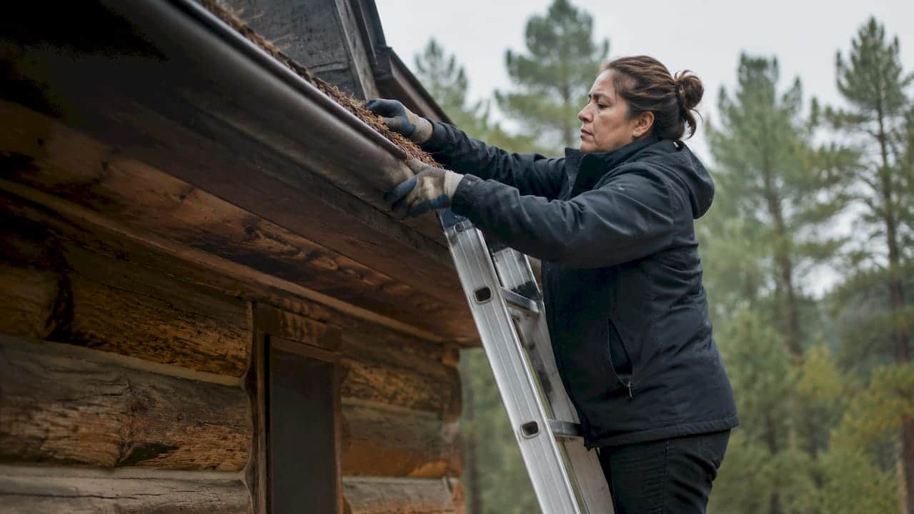 Homeowner clearing gutters on ladder outdoors