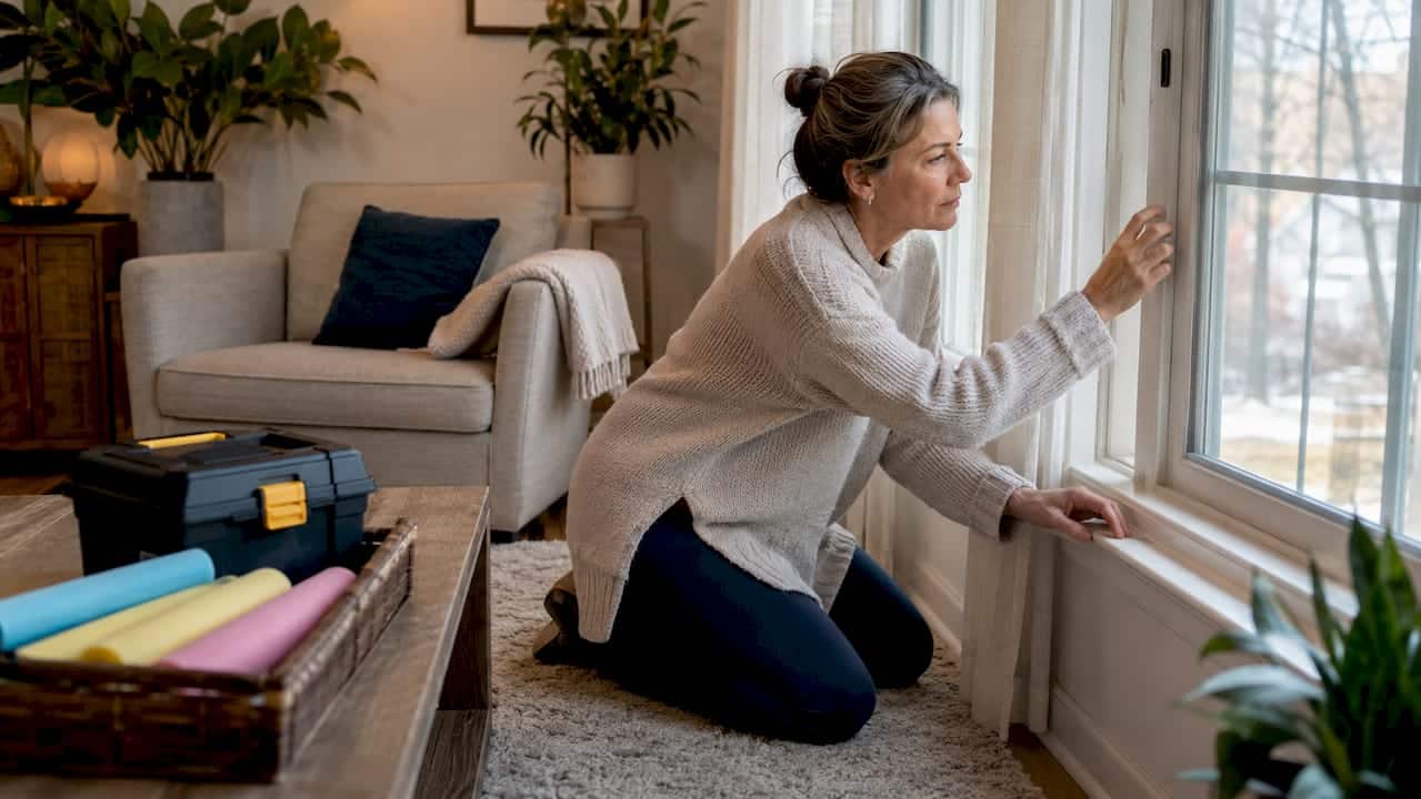 Homeowner inspecting window frame insulation