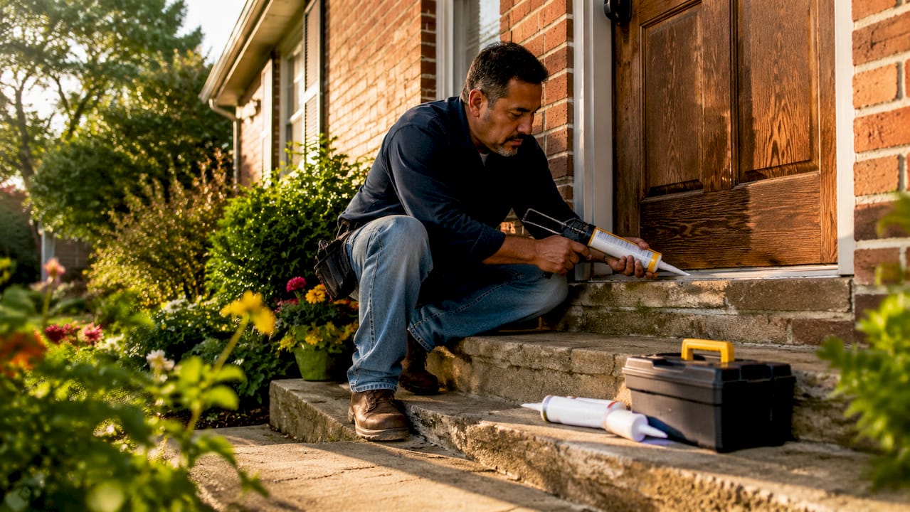 Homeowner applying exterior weatherproof caulking