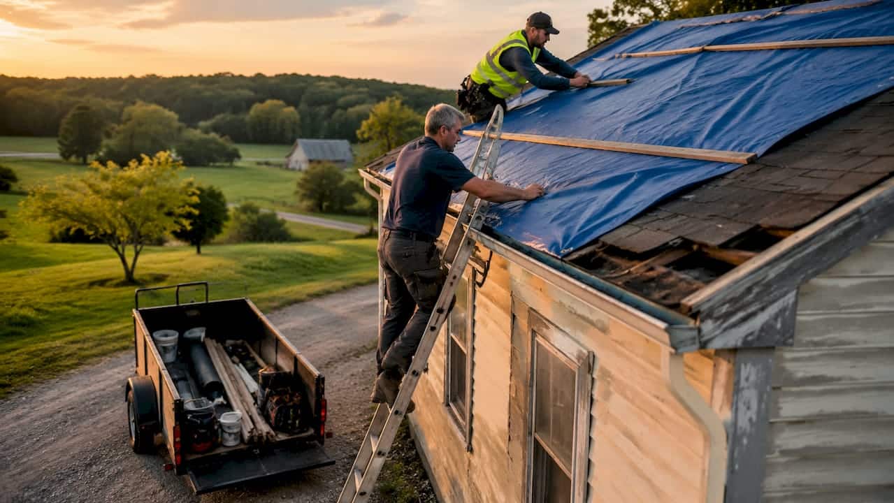 Homeowner and roofer installing emergency tarp on roof