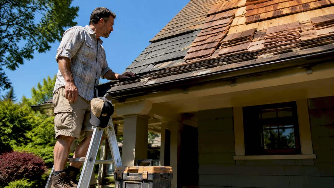 Contractor inspecting roofing materials on house roof