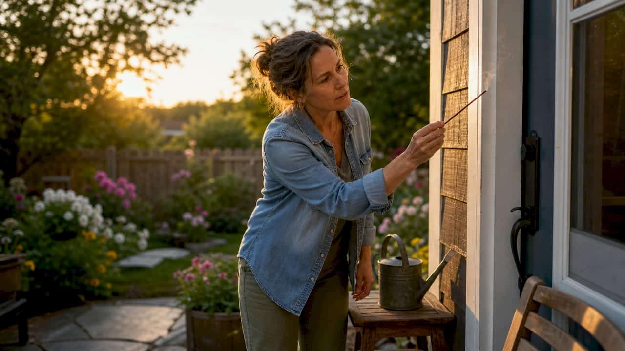 Homeowner testing door draft with incense stick