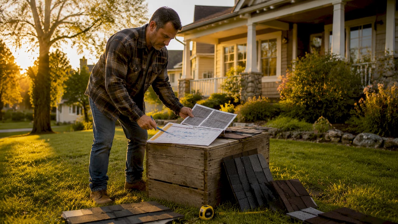 Contractor planning roofing schedule outdoors