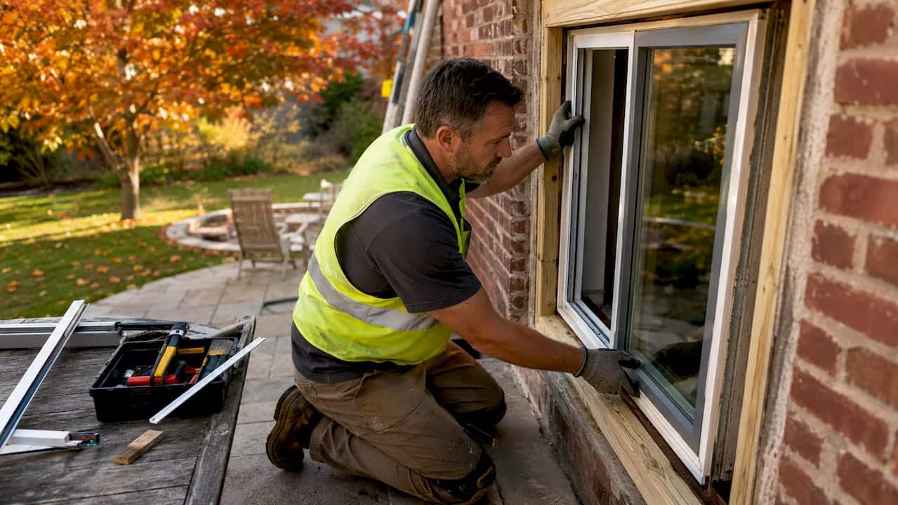Window installer fitting double glazed window