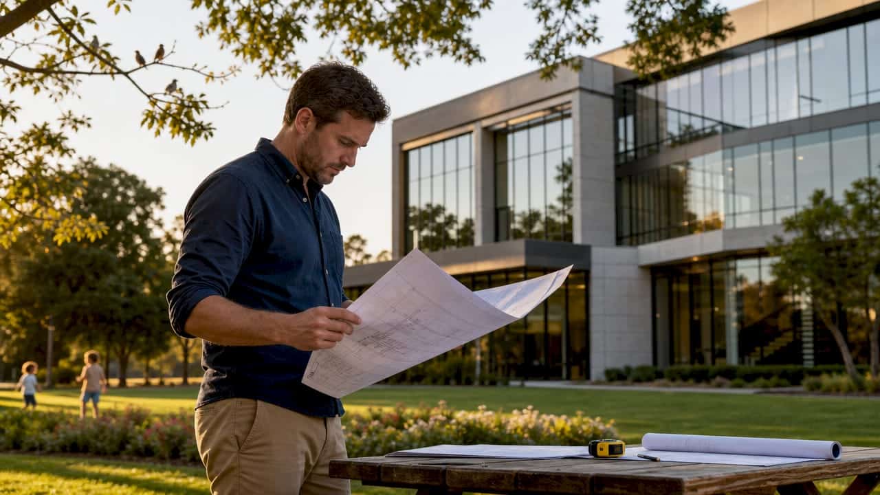 Architect reviewing blueprints outside commercial building