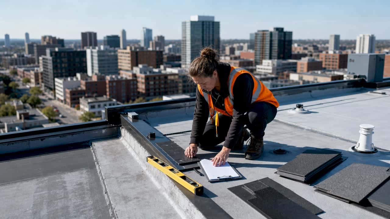 Roofing professional inspecting roof on storm-prone home