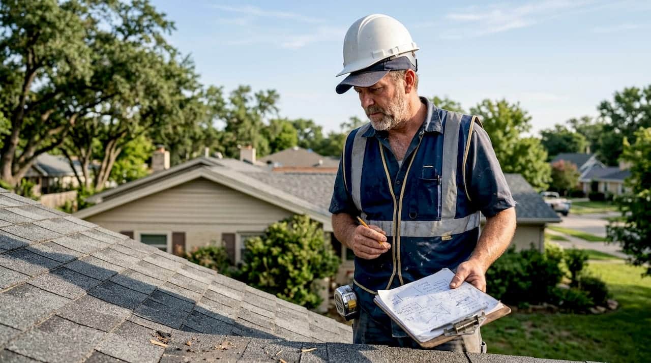 Roofing contractor inspecting newly installed shingles on roof