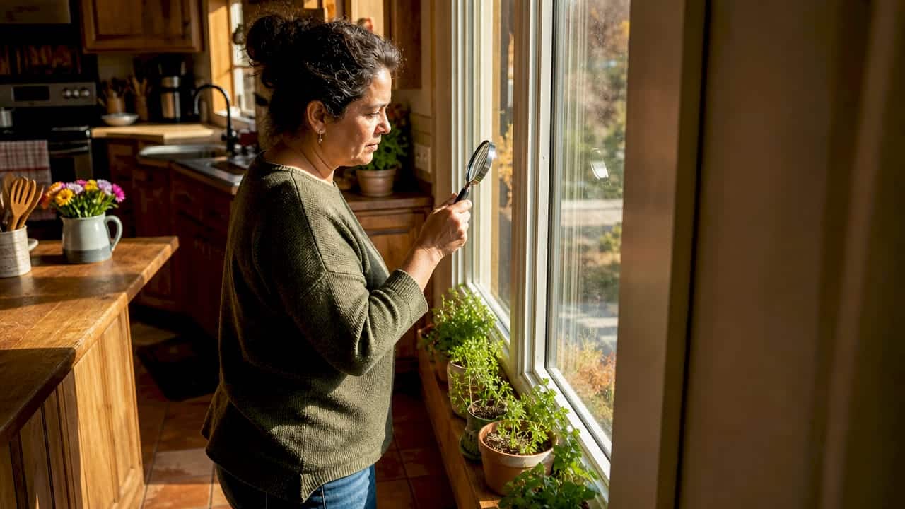 Woman inspecting low-e glass window indoors