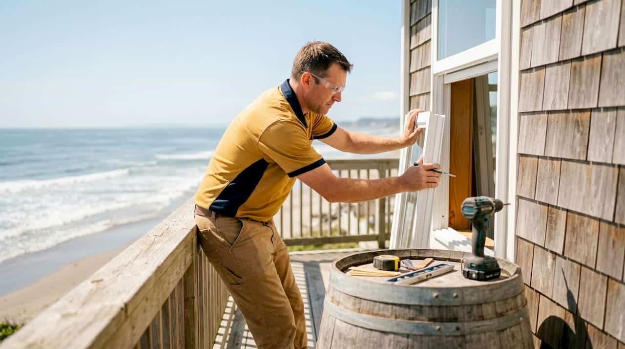 Installer fitting window on coastal home exterior