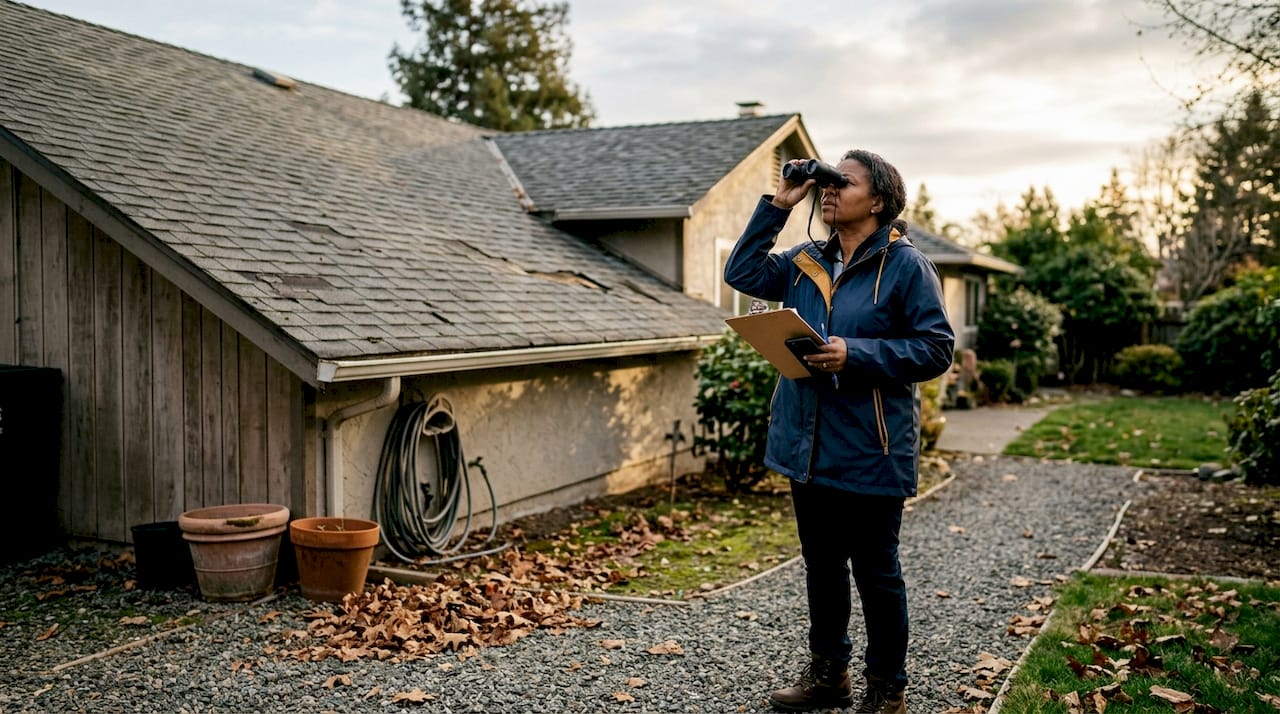 Homeowner inspecting storm damage outside house