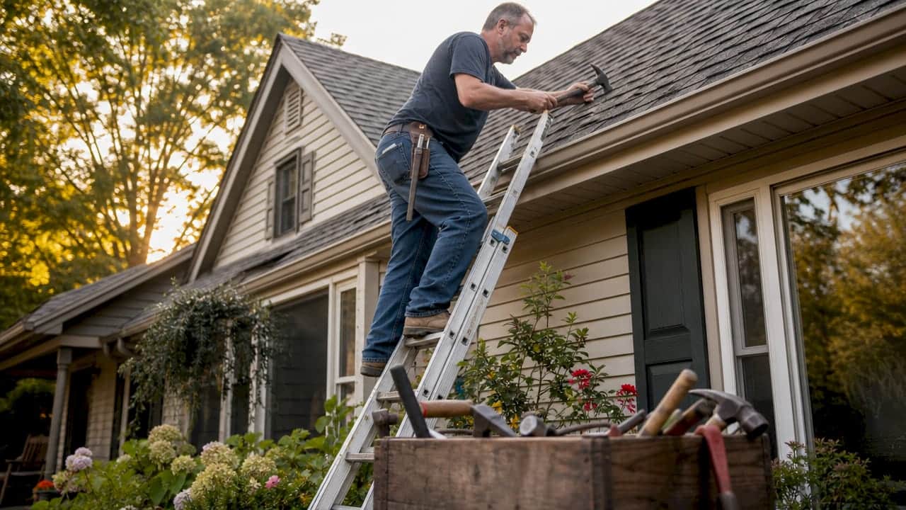 Homeowner inspecting roof shingles on ladder