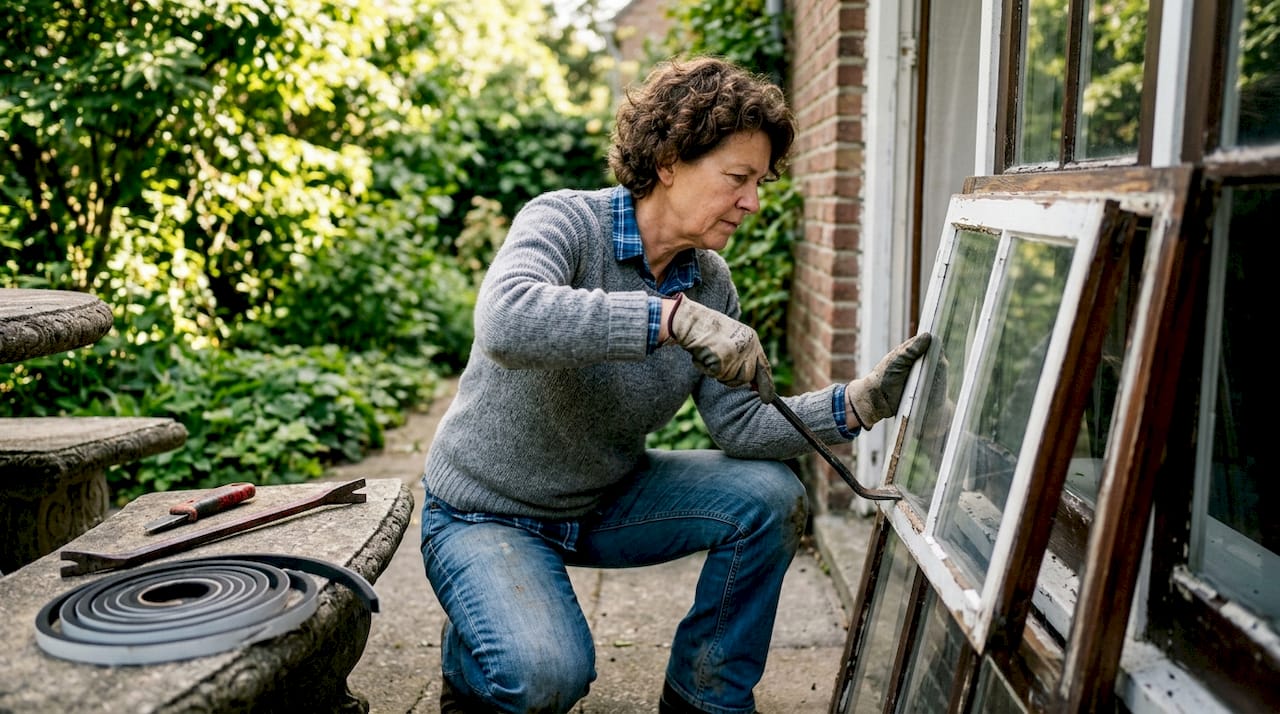 Woman removing window glass outdoors