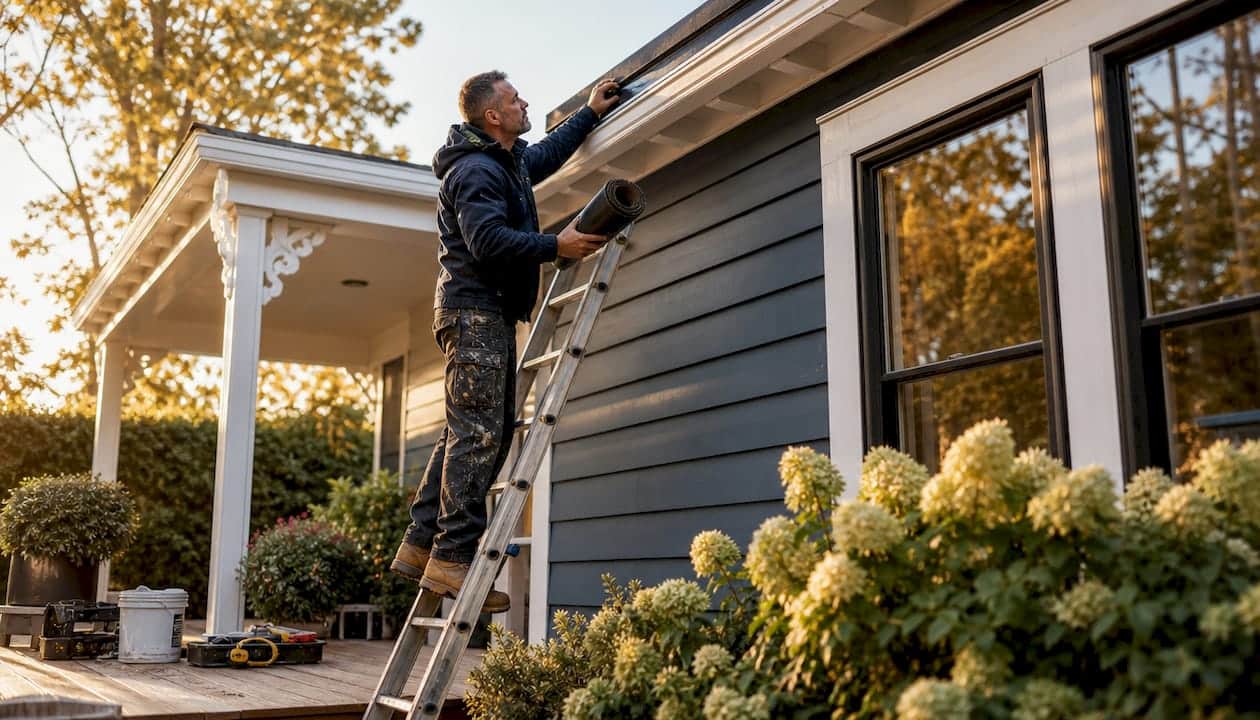 Homeowner inspecting roof flashing outdoors
