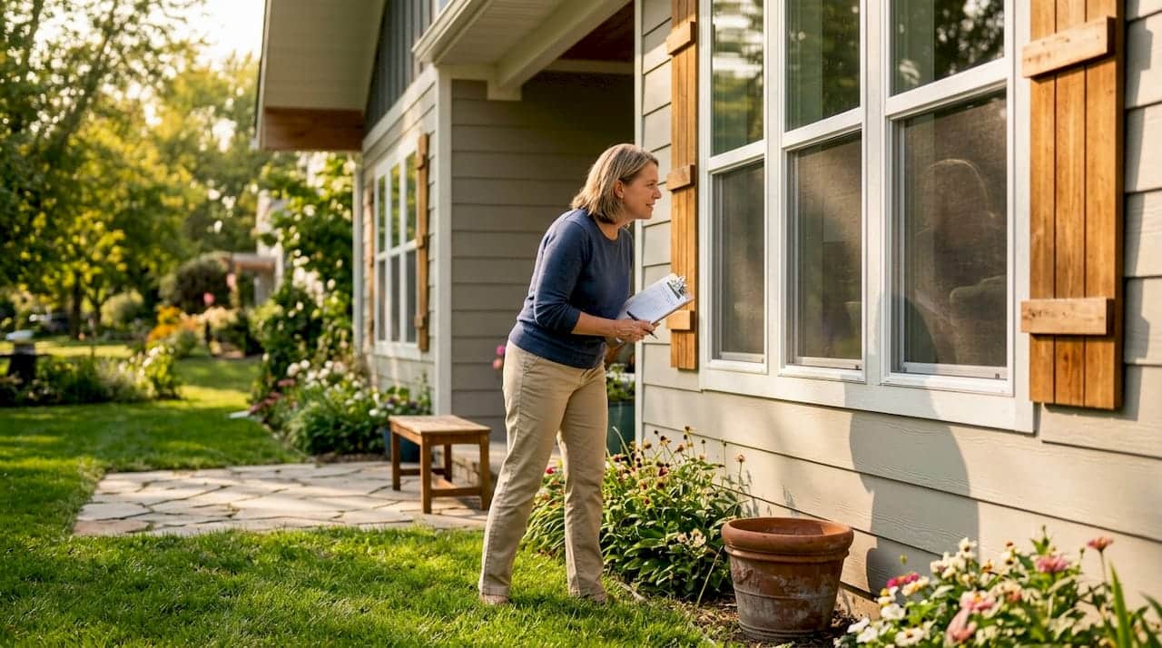 Homeowner inspecting energy-saving exterior upgrades