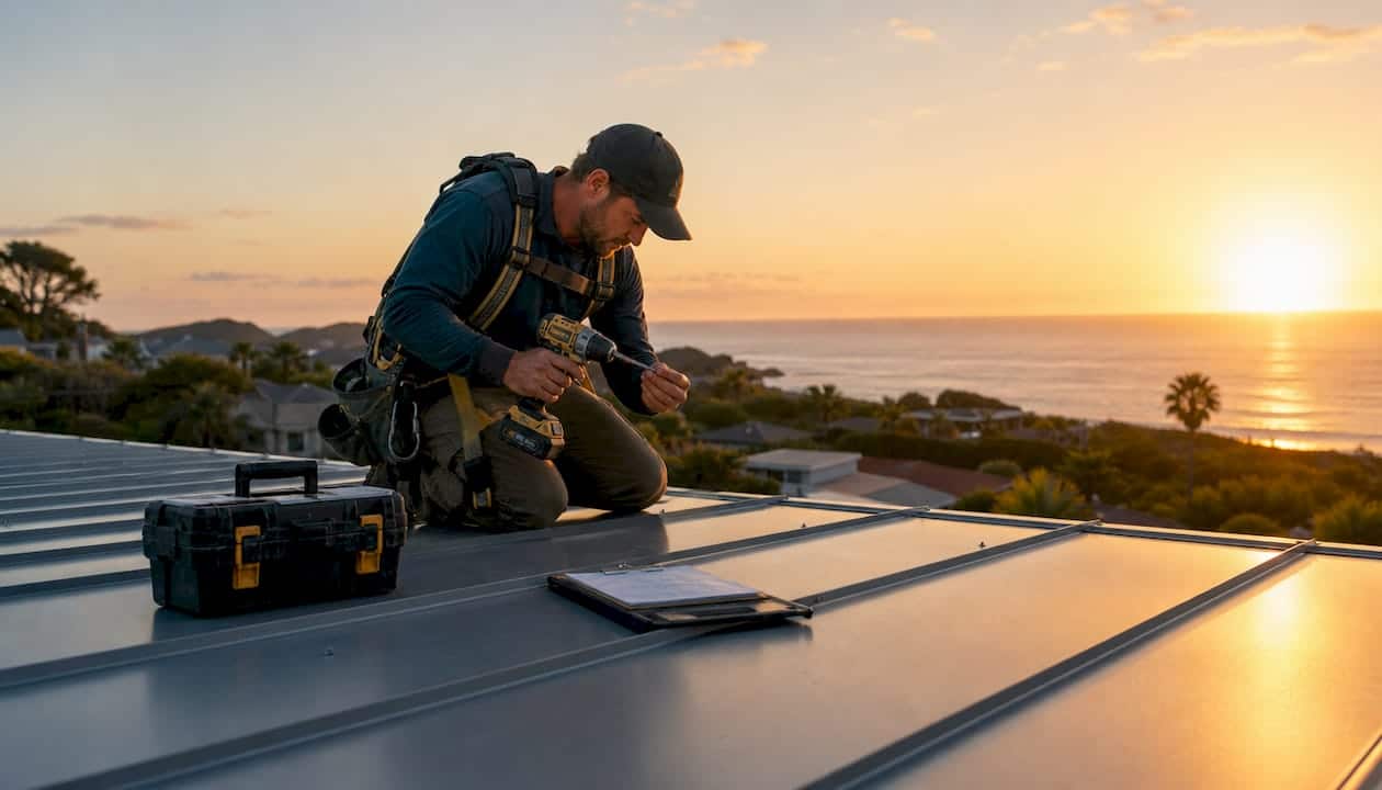 Contractor inspecting metal roof on coastal home
