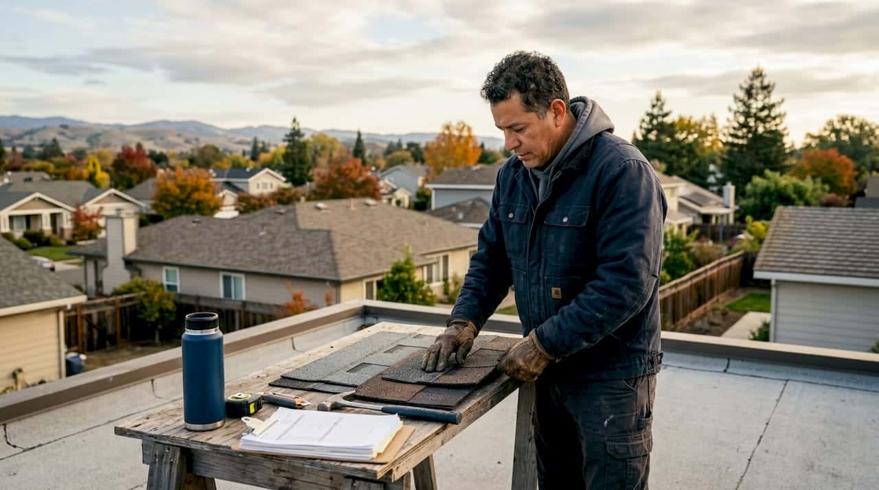 Contractor evaluating roofing material samples outdoors