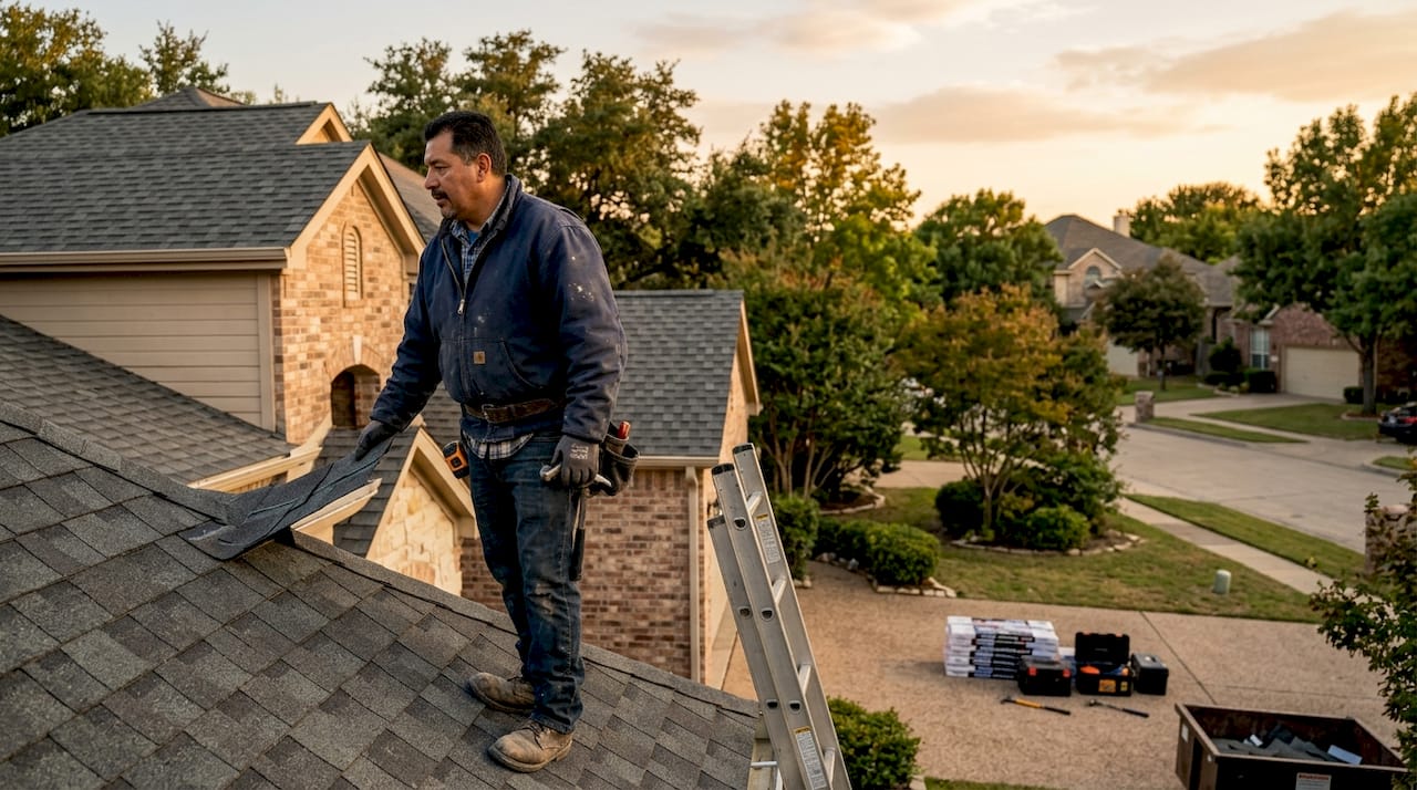 Roofing contractor inspecting new Texas roof outdoors