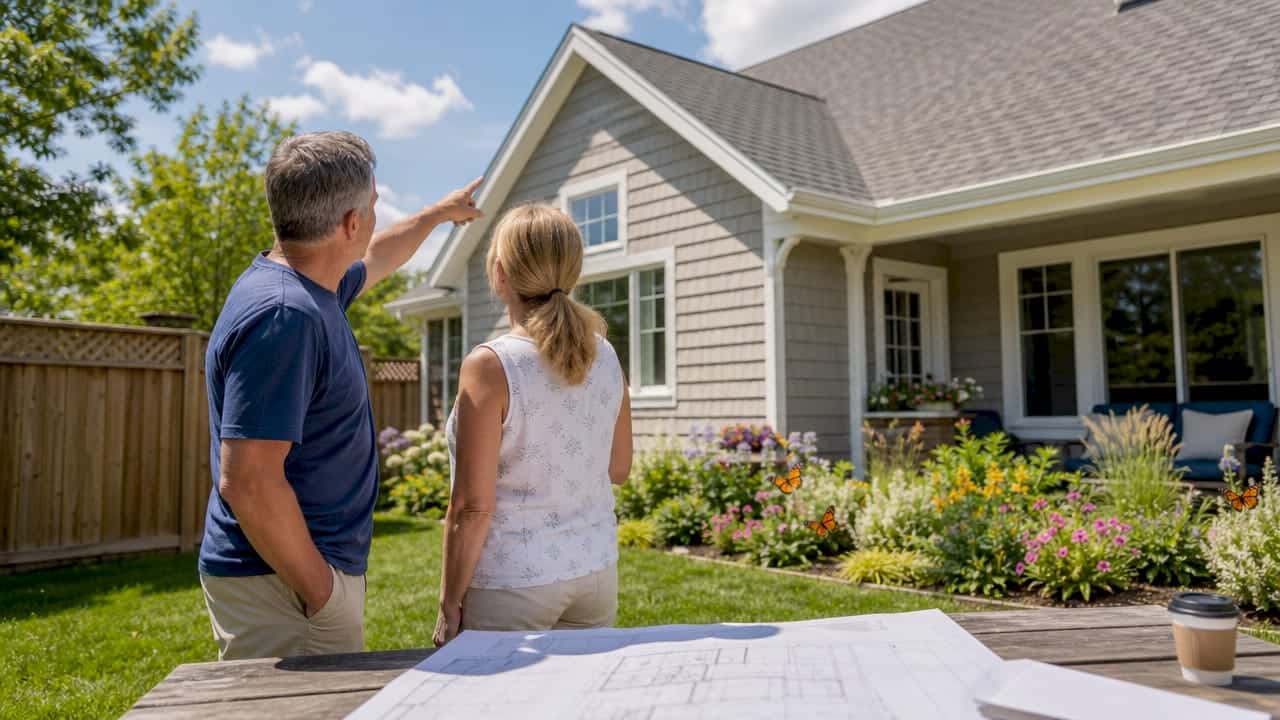 Homeowners discussing gable roof outdoors