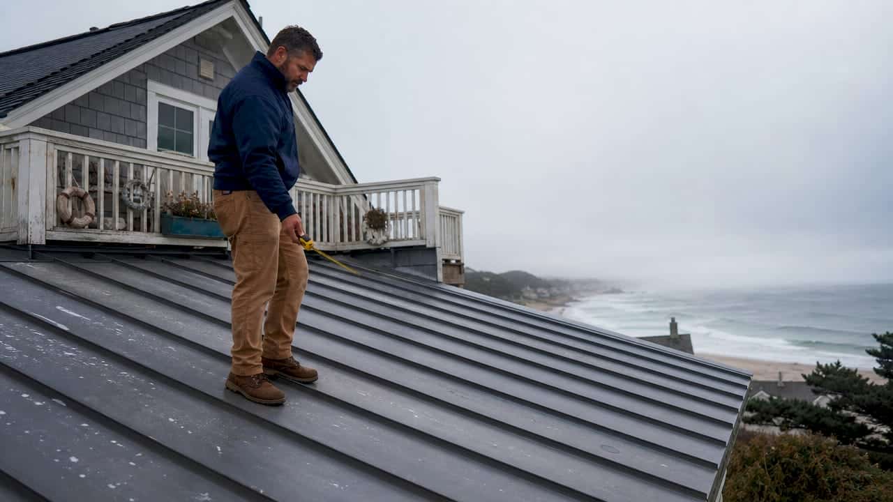 Contractor inspecting coastal home roof panels