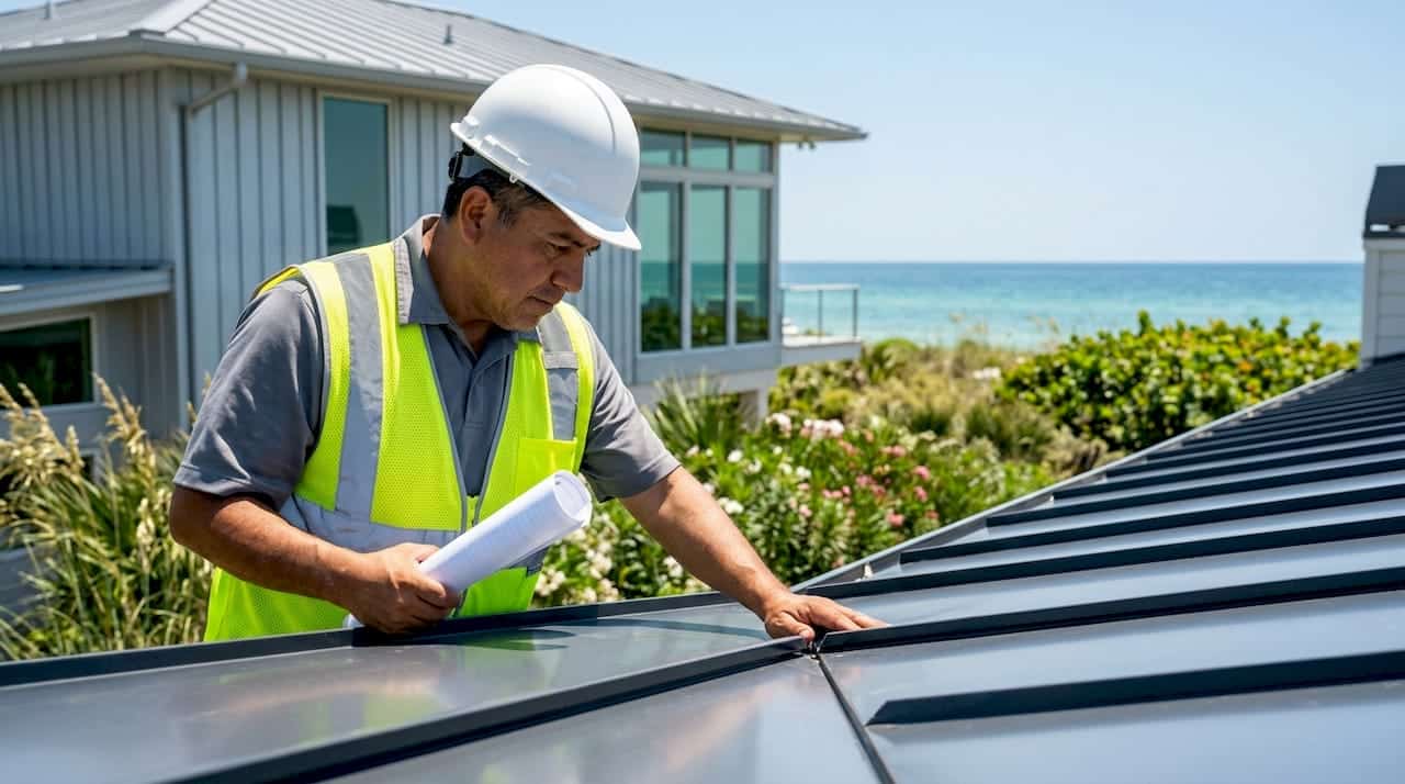 Contractor inspecting metal roof on coastal home