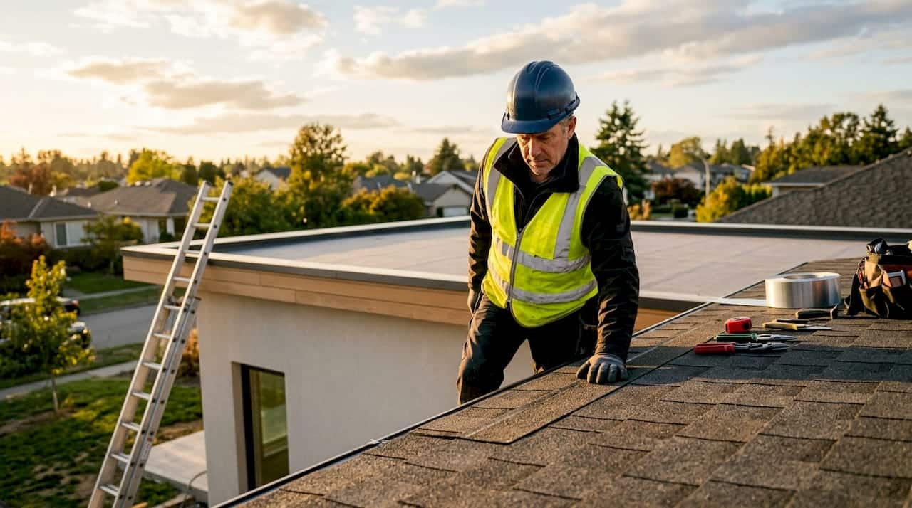 Roofing contractor inspecting new storm-resistant shingles