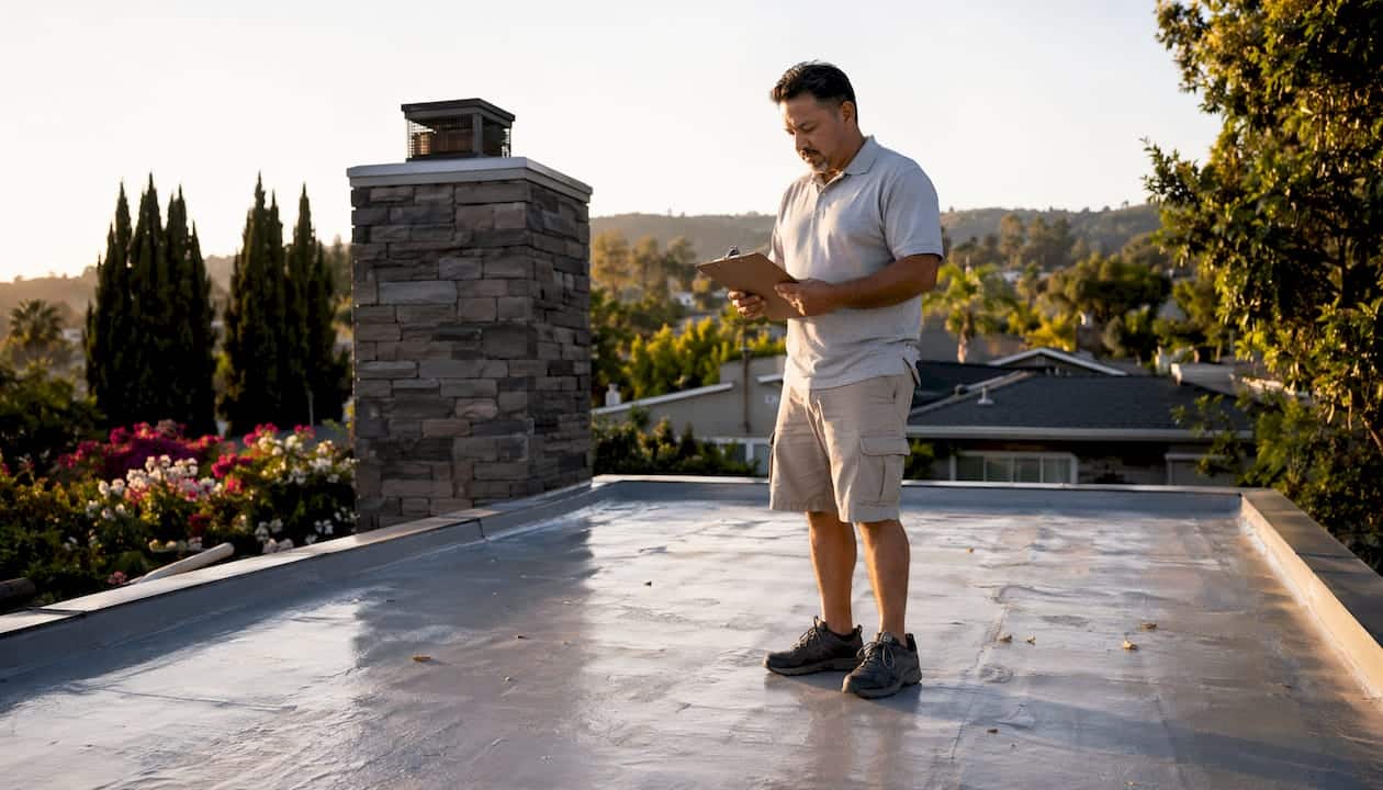 Homeowner inspecting cool reflective roof outdoors