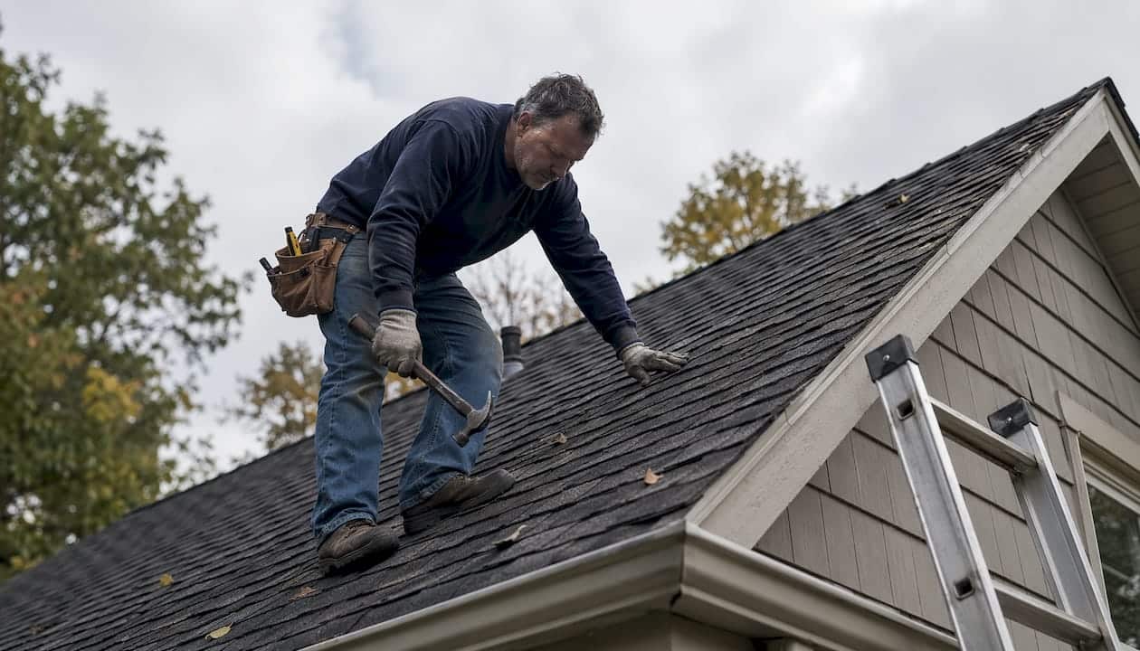 Homeowner inspecting asphalt shingles on roof