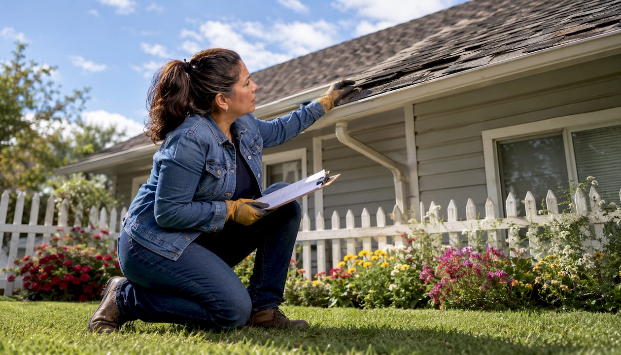 Homeowner inspecting damaged roof shingles outdoors