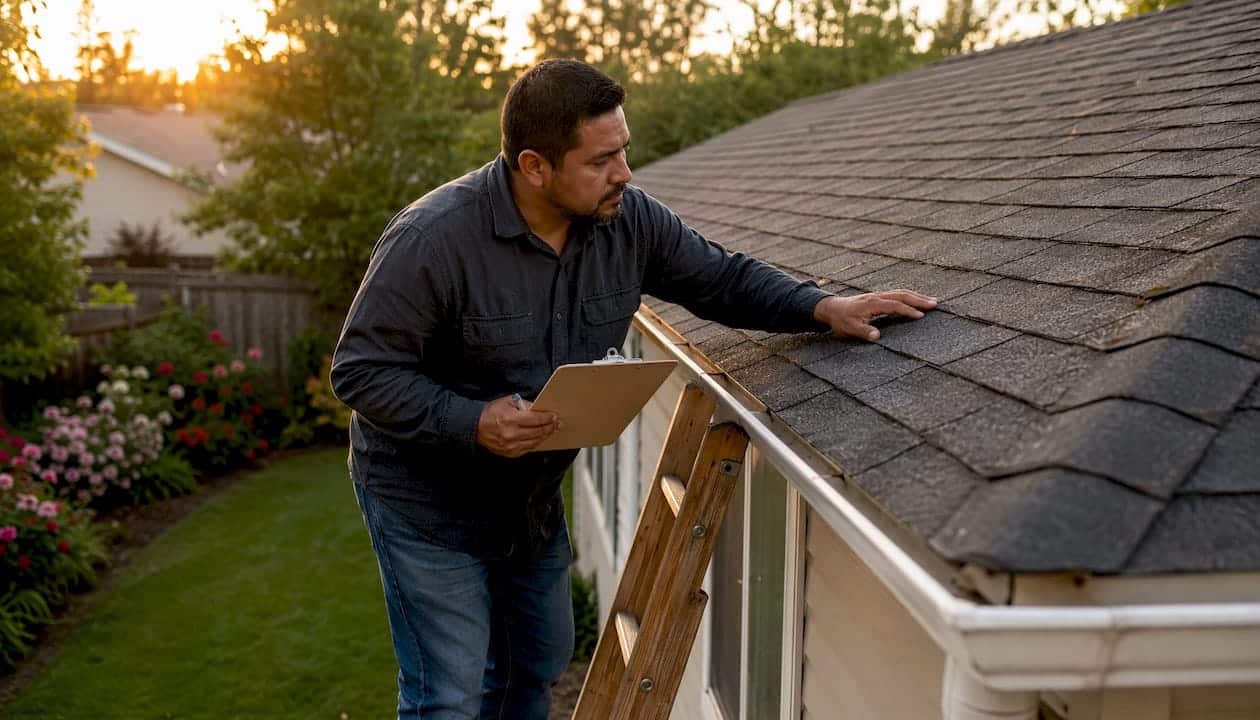 Man inspecting roof on ladder outdoors