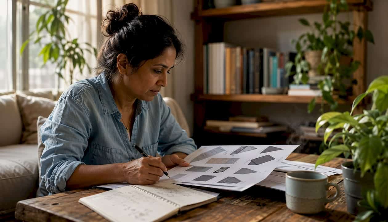 Woman studying roofing terms at home