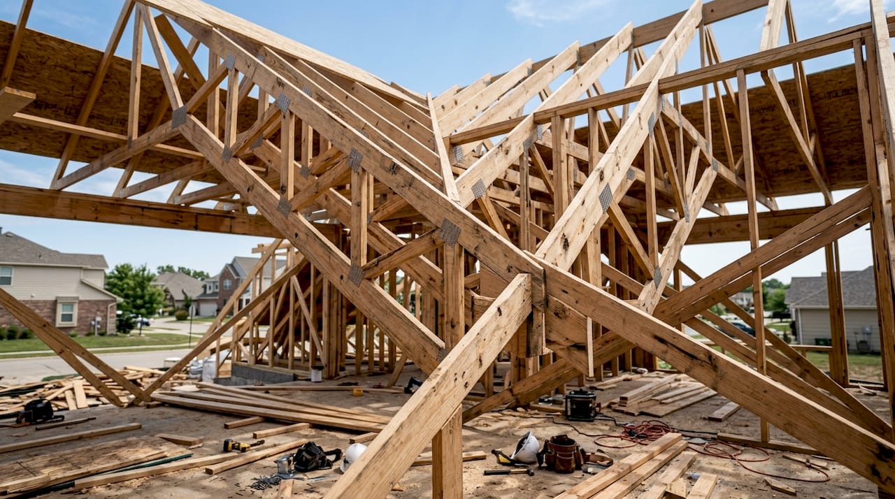 Wooden roof framing inside attic