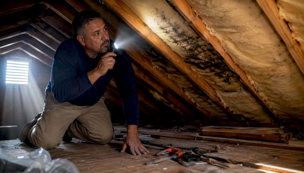 Man inspecting attic roof leak stains