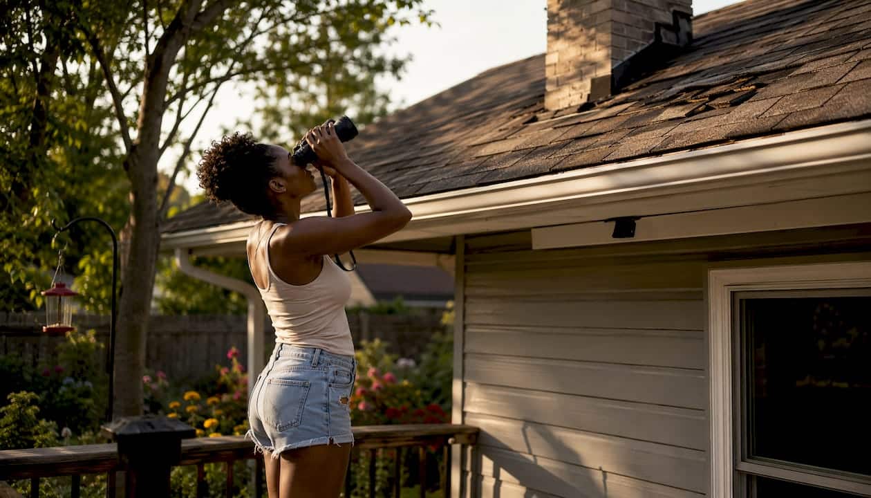 Woman examining roof for exterior damage