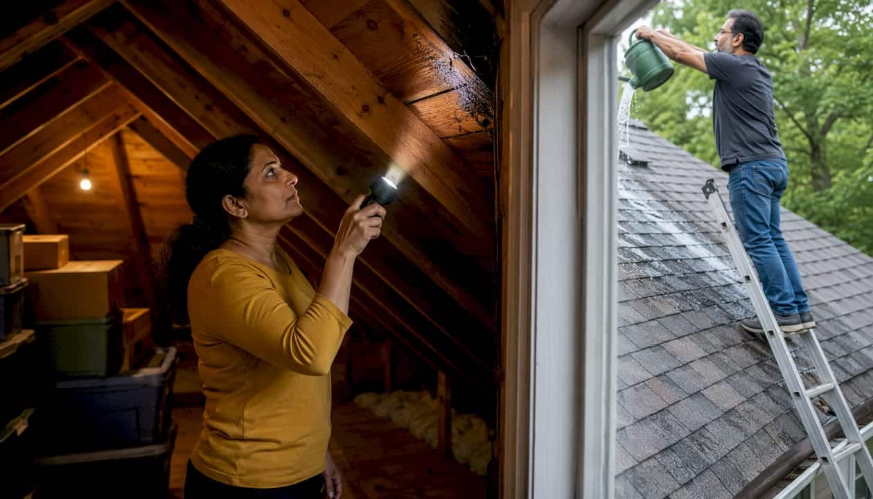 Couple testing for roof leaks with flashlight