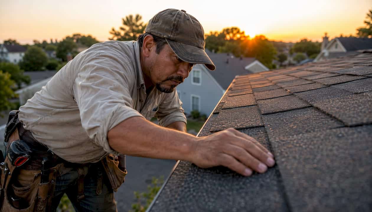 Contractor inspecting architectural shingles on roof